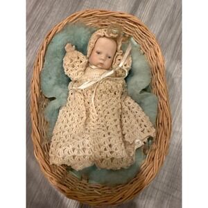 Vintage Bisque Porcelain Baby Doll in Crochet Gown with Wicker Bassinet Basket